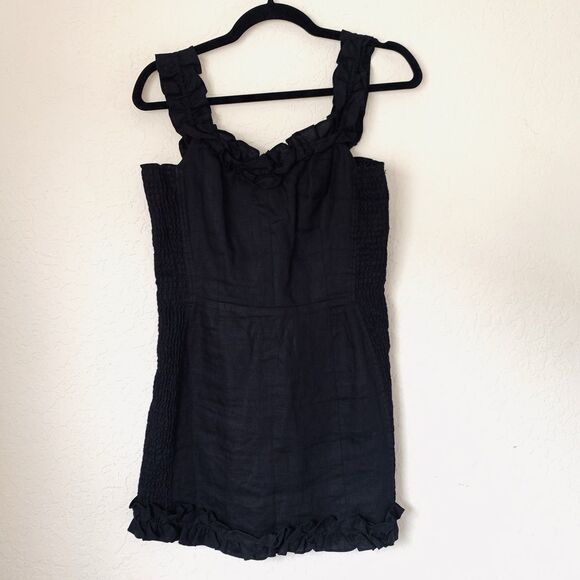 Reformation Bonita Dress 6 Black 100% Linen Ruffle Mini Smocked Preppy Going Out - Picture 4 of 16